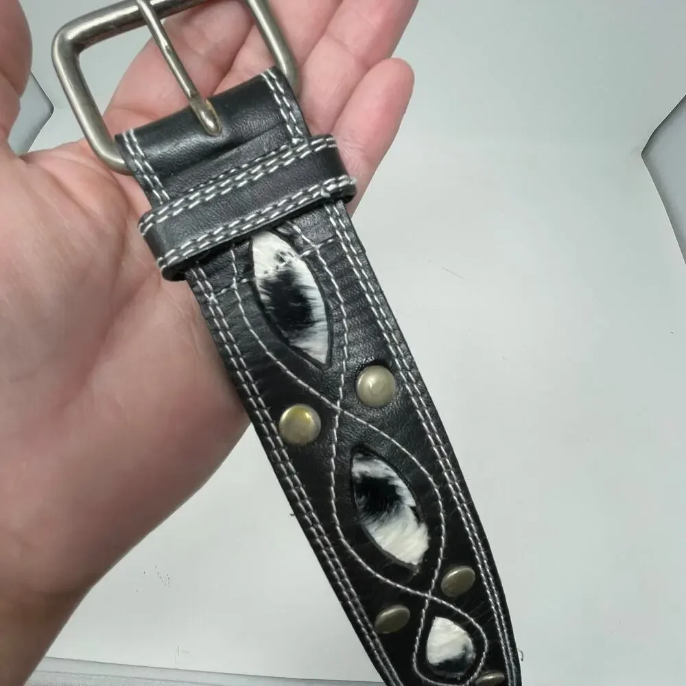 Vintage Women's Black Leather Belt White Stitching Small Western Rodeo Cowgirl